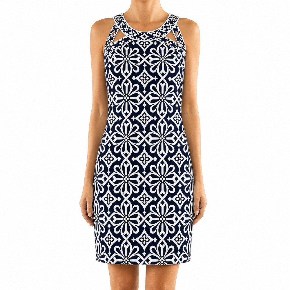 Gretchen Scott Isosceles Dress Sleeveless Navy White Geometric Cutout Back S